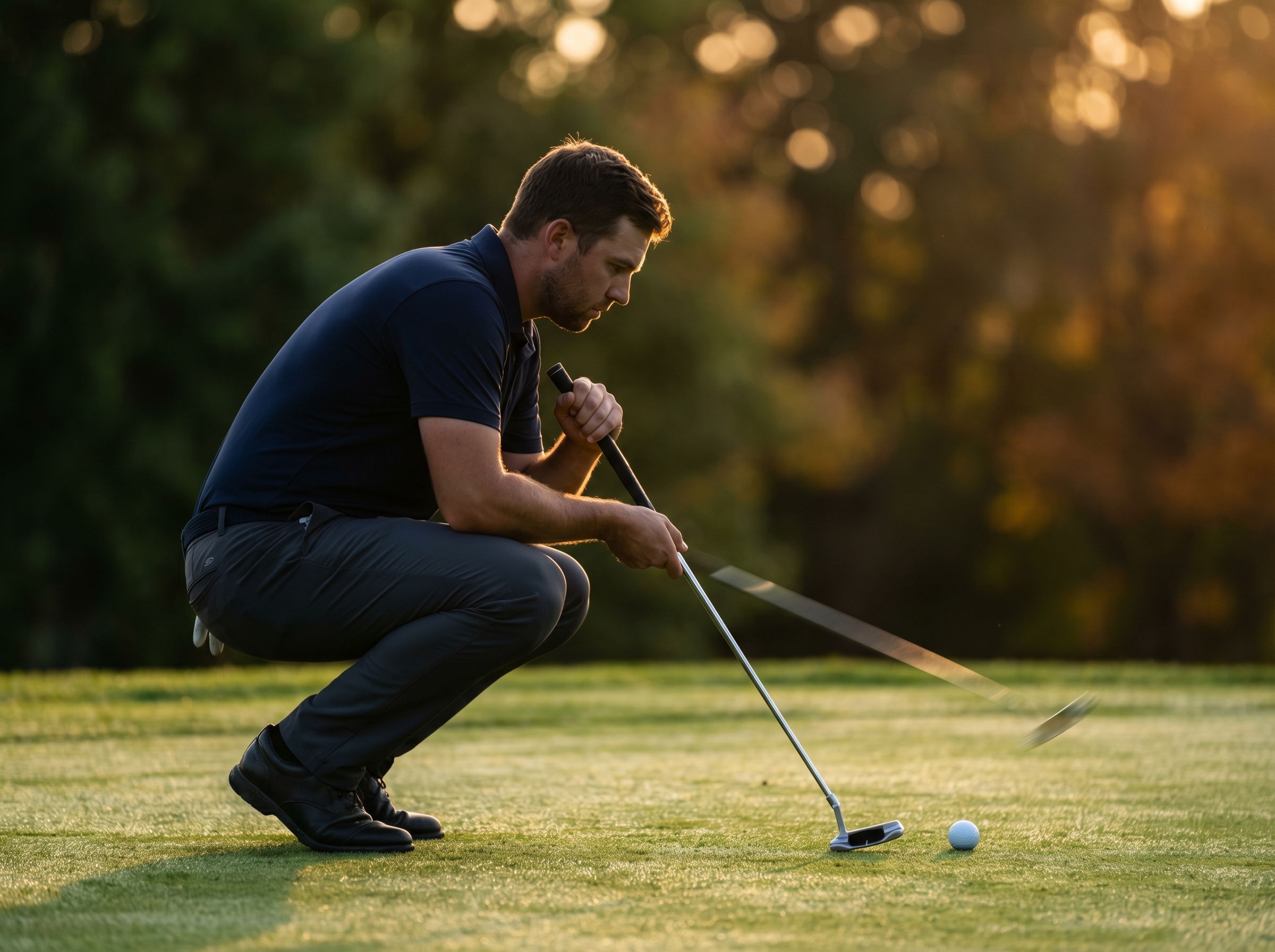 Cinematic side-view of a golfer mid-putting-stroke at golden hour, motion blur on the putter